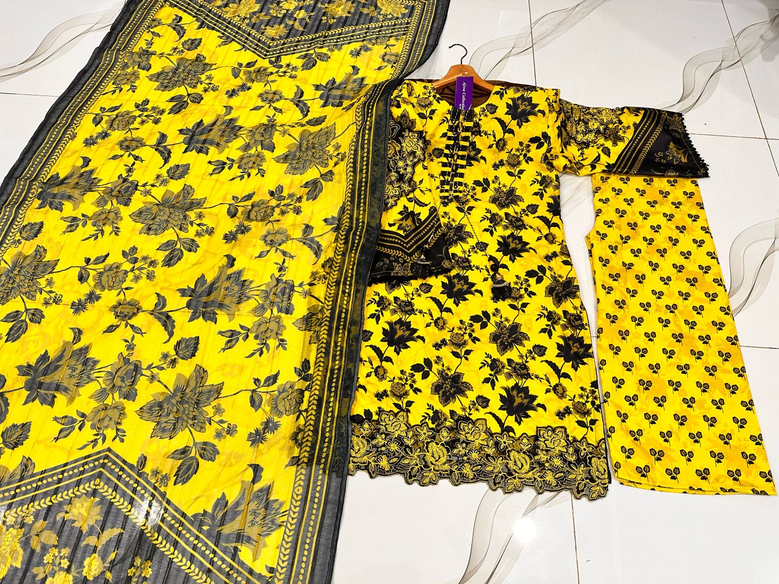 ❤️Front And Back Allover Digital Printed Handwork Shirt With Flapper Cord Set 3Pcs😍