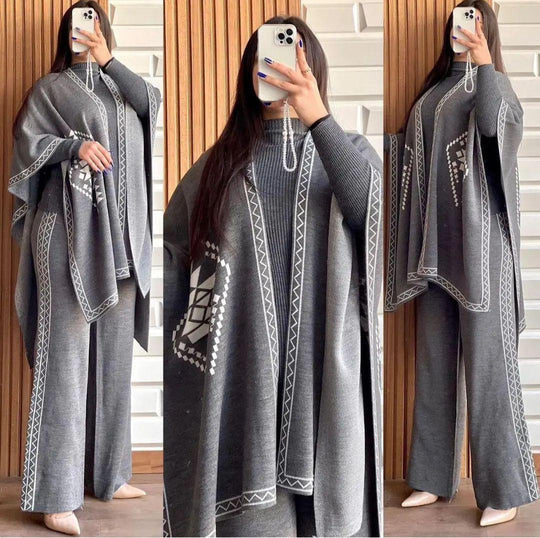 Front And Back Printed Upper Shawls With Plain Inner long Sleeves High Neck and Trouser 3Pcs
