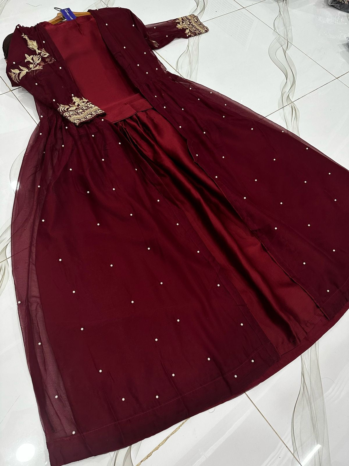 Embroidered With Front And Back Pearls Attached Gown And Embroidery Belt Attached Skirt With Top 3Pcs 👗❤️
