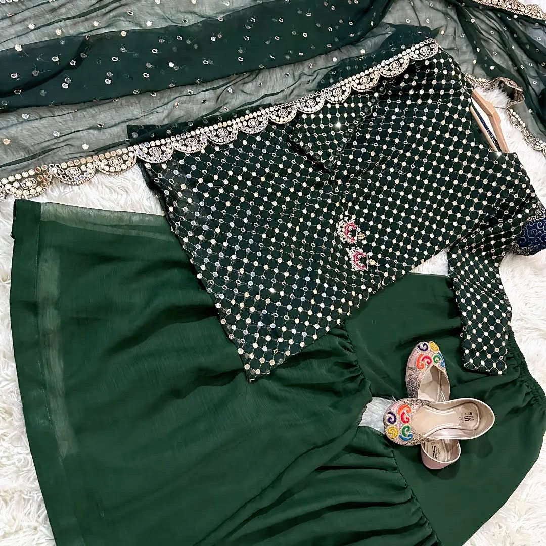 Eid Collection🎁Front and Sleeves 9MM Sequence Embroidered, with Cut Work 9MM Dupatta with Garara 3Piece🤩