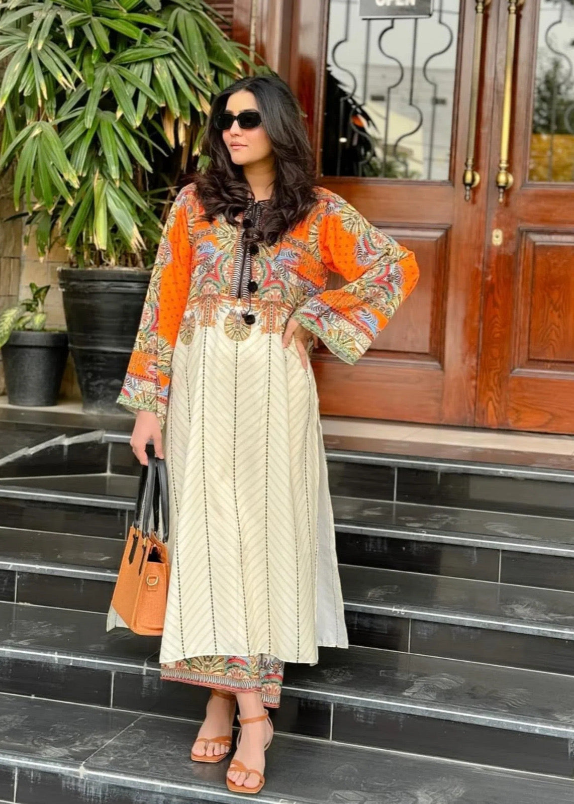 Front Dori Orange Printed Long Shirt With Printed Flapper 2Piece