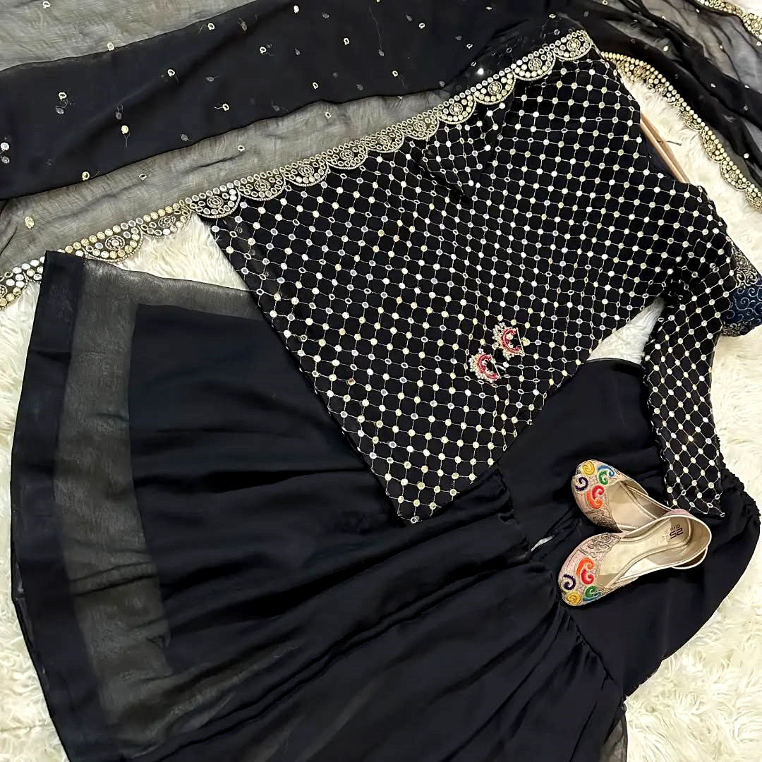 Eid Collection🎁Front and Sleeves 9MM Sequence Embroidered, with Cut Work 9MM Dupatta with Garara 3Piece🤩