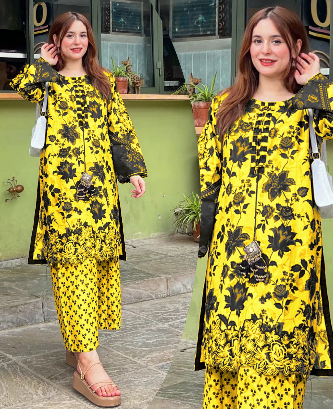 ❤️Front And Back Allover Digital Printed Handwork Shirt With Flapper Cord Set 3Pcs😍