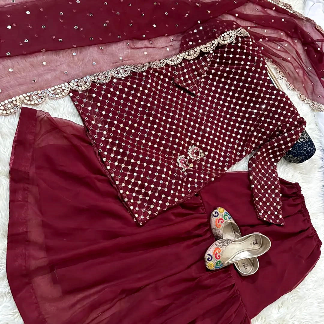 Eid Collection🎁Front and Sleeves 9MM Sequence Embroidered, with Cut Work 9MM Dupatta with Garara 3Piece🤩
