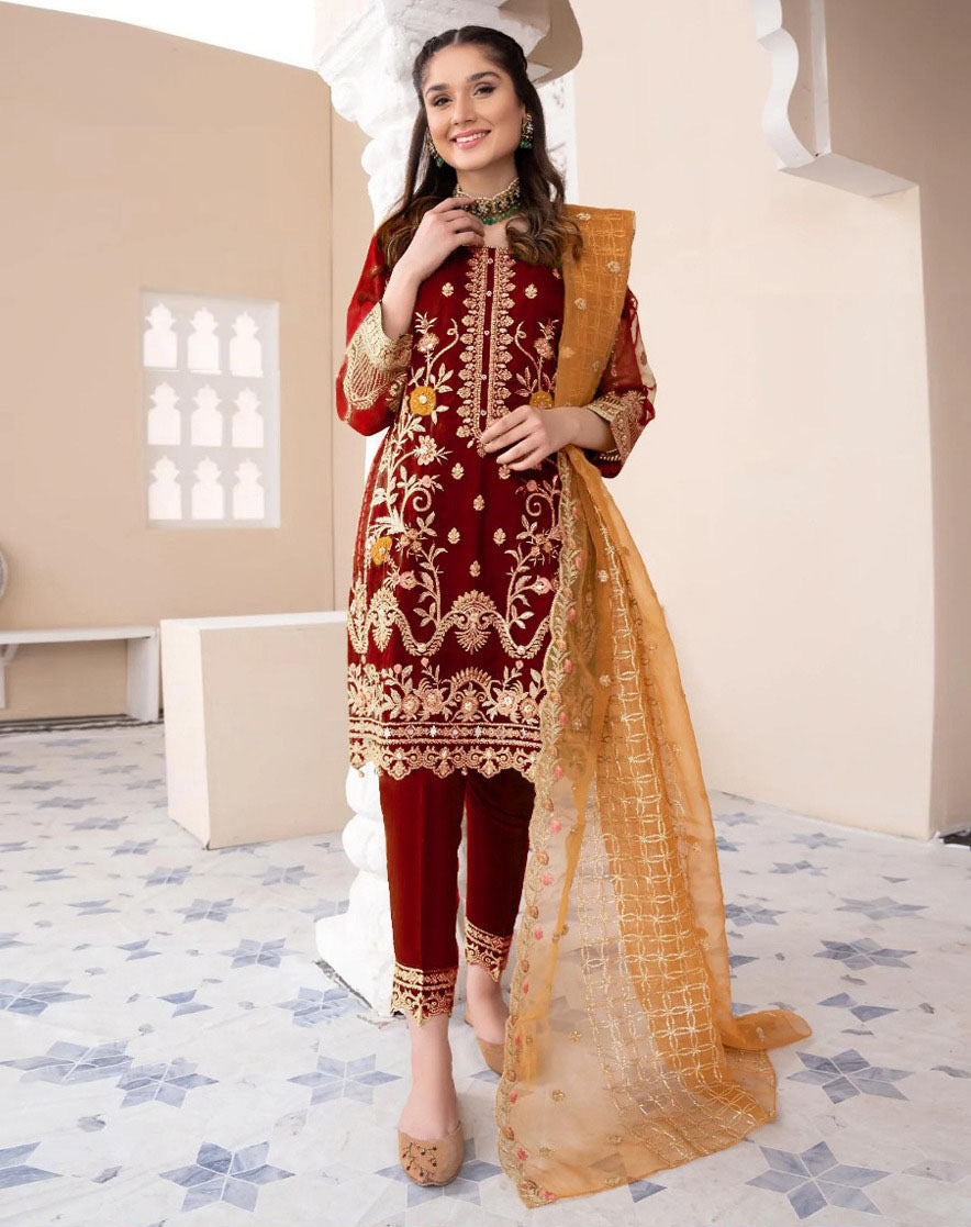 ❤️ Heavy Embroidered Shirt with Embroidered Trouser & Embroidered Dupatta 3PCs 😍